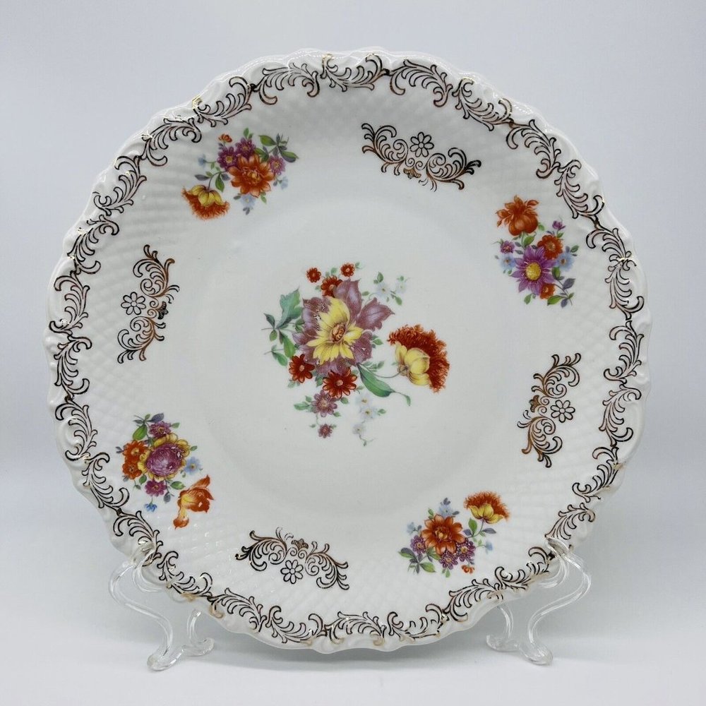 Vintage Schumann Bavaria Dinner Plate Floral Gold Scroll Rim 10 3/4" Germany